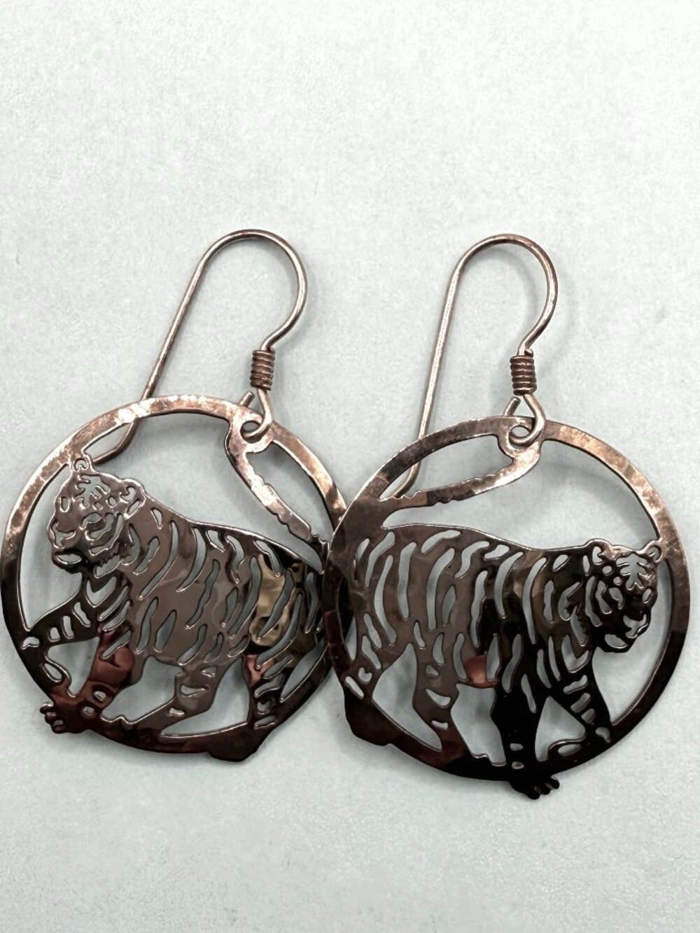 1990s Vintage Wild Bryde Silver Tiger Cat Earrings Pierced Coin Shaped